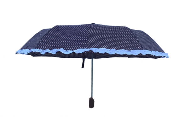 Moteriškas mėlynos spalvos skėtis baltais taškais