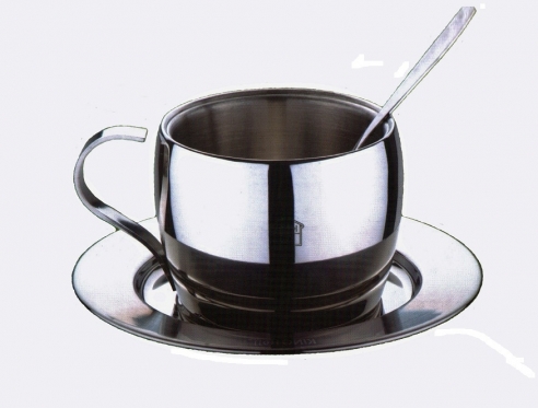 "King Hoff" nerūdijančio plieno puodelis su lėkštute ir šaukšteliu, 200 ml