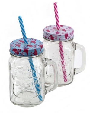 Stiklinis puodelis su dangteliu ir šiaudeliu "Flamingas", 450 ml