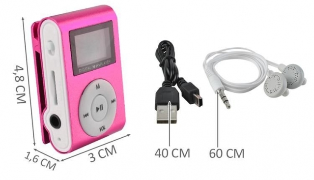 MP3 grotuvas su ausinėmis, 1,6 x 3 x 4,8 cm (rožinis)
