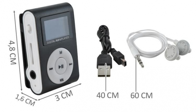 MP3 grotuvas su ausinėmis, 1,6 x 3 x 4,8 cm (juodas)