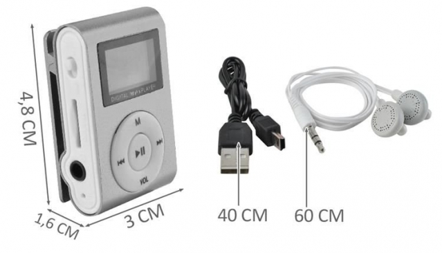 MP3 grotuvas su ausinėmis, 1,6 x 3 x 4,8 cm (sidabrinis)