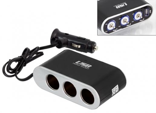 Automobilio 3 x 12 V lizdo šakotuvas su 1 USB jungtimis