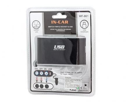 Automobilio 3 x 12 V lizdo šakotuvas su 1 USB jungtimis