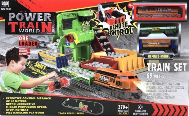 "Power Train World" žaislų rinkinys "Traukinio bėgiai ir krovininis traukinys", 69 dalys