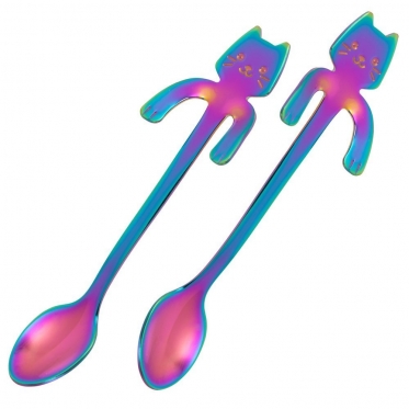 Nerūdijančio plieno šaukšteliai su kačiuko atvaizdu, 2 vnt (vaivorykštės spalvų)