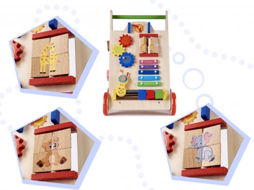 Šeši viename, interaktyvus medinis žaislas - vaikštynė, 50 x 31,5 x 33 cm