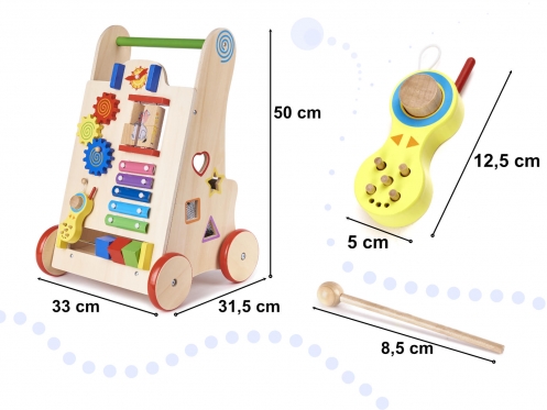 Šeši viename, interaktyvus medinis žaislas - vaikštynė, 50 x 31,5 x 33 cm