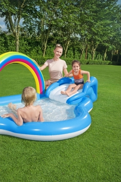 Pripučiamas vaikiškas baseinas su čiuožykla "Bestway", 257 x 145 x 91 cm (mėlynas, baltas)