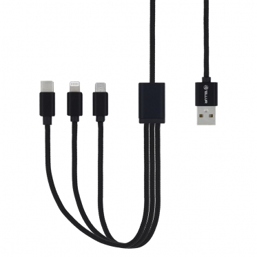 Kabelis Tellur Data USB to Micro USB + Lightning + Type C, Nylon braided, 1m black