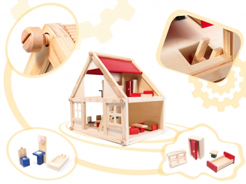 Medinis lėlių namelis ir priedai "Montessori", 40,5 x 26,5 x 38 cm