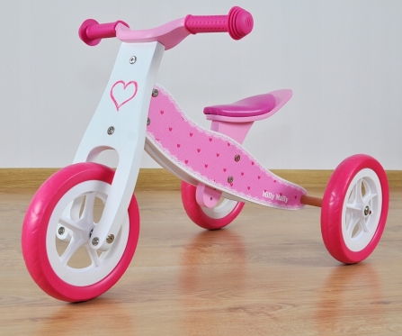Medinis balansinis dviratukas - triratukas "Milly Mally Look Hearts", Ø 23 cm (baltas, rožinis)
