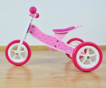 Medinis balansinis dviratukas - triratukas "Milly Mally Look Hearts", Ø 23 cm (baltas, rožinis)