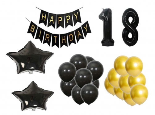 18 gimtadienio dekoracijų rinkinys, 25 vnt (juodas, auksinis)