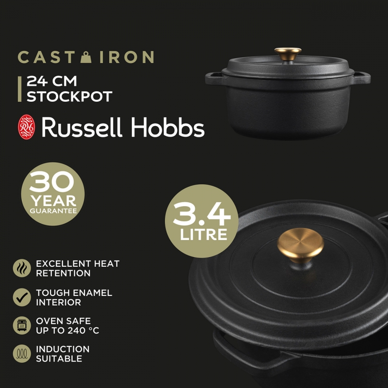 Pans Russell Hobbs Rh02524Beu7 Cast Iron Stockpot, 24Cm Black
