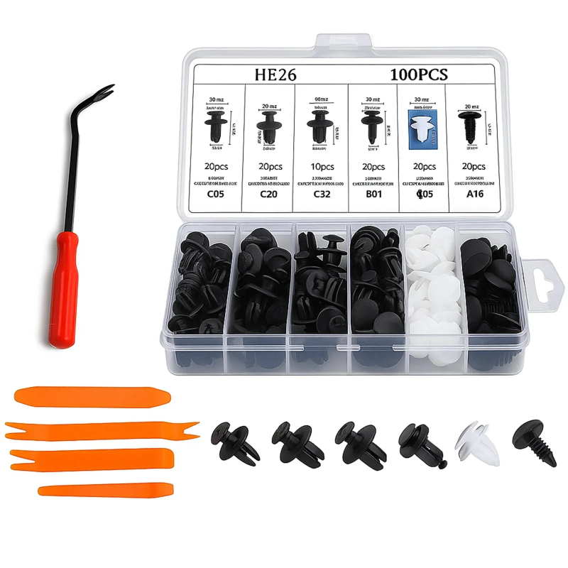 Automobilinių Segtukų/Smeigtukų Rinkinys, 100 vnt + Įrankiai