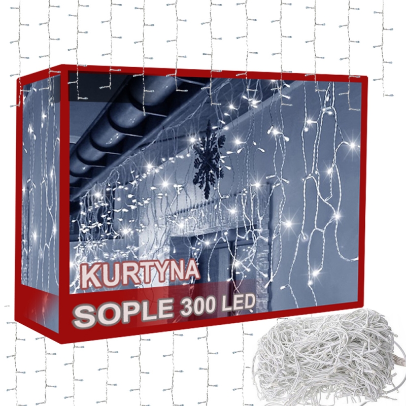 LED Girlianda - Užduolaida, Šalta Balta, 300 LED, 10 m