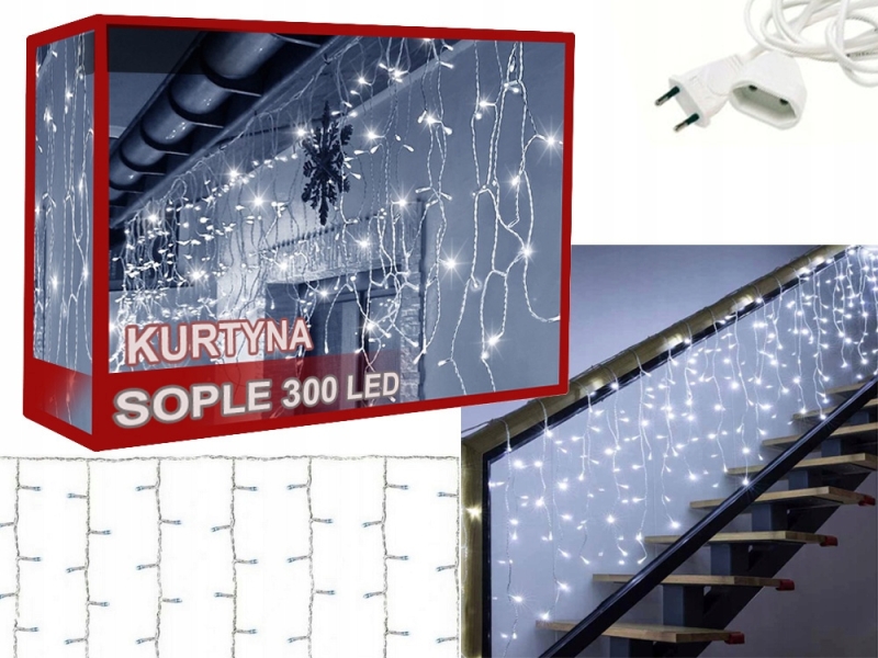 LED Girlianda - Užduolaida, Šalta Balta, 300 LED, 10 m